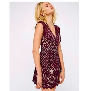 FREE PEOPLE One Million Lovers Lace Mini Dress in Wine/Bordeaux
